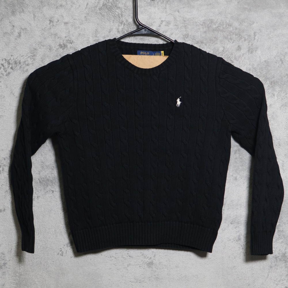 Polo Ralph Lauren Sweater Womens Large Black Cable Knit Cotton Preppy Casual